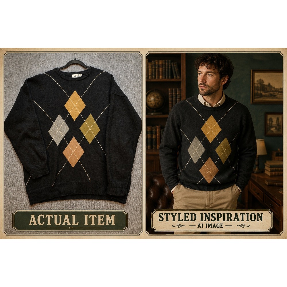 Rafaella Argyle Sweater Mens Vintage Lambswool Angora Pullover Black Grandpacore